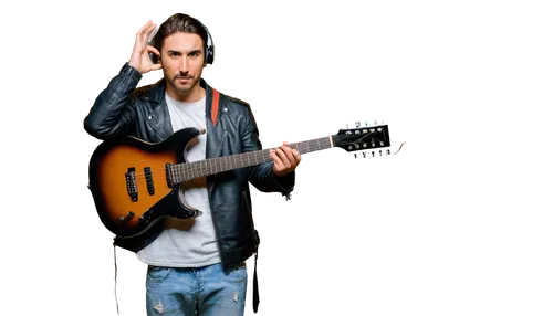 Pirate, musician, solo, (30yo), rugged facial hair, bandana, earring, black leather jacket, white shirt, ripped jeans, brown boots, guitar, headphones, standing, charismatic pose, warm lighting, shall