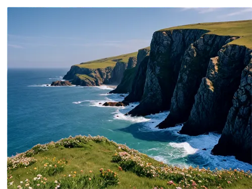 Rocky coastline, Cornwall scenery, dramatic cliffside, strong waves crashing, salty ocean spray, rugged terrain, green grass, wildflowers, sunny day, soft warm lighting, 3/4 composition, shallow depth