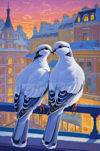 Write a heartwarming story about a pair of ringed doves that find love in a bustling city.,two pigeons,pair of pigeons,doves of peace,pigeons without a background,bird couple,city pigeons,silver gulls