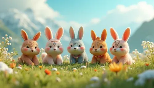 rabbids,rabbit family,easter background,rabbits,easter rabbits,lagomorphs,Unique,3D,3D Character