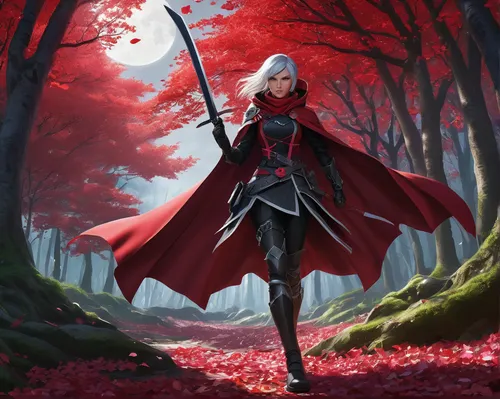 red saber,red riding hood,swordswoman,little red riding hood,red coat,blood maple,scythe,red cape,a200,nightingale,red background,red,fantasia,cg artwork,crimson,fantasy picture,red maple,howl,sword lily,red banner,Art,Classical Oil Painting,Classical Oil Painting 33