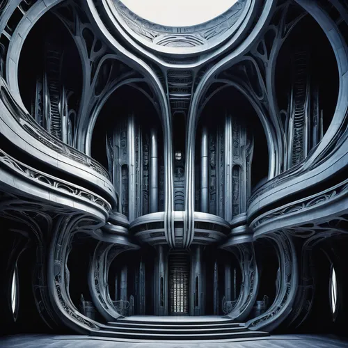 futuristic architecture,biomechanical,pipe organ,chamber,panopticon,wormhole,organ pipes,futuristic art museum,descend,art deco,ice hotel,fractal environment,circular staircase,haunted cathedral,gothic architecture,hall of the fallen,meridians,cathedral,kirrarchitecture,mandelbulb,Conceptual Art,Sci-Fi,Sci-Fi 02