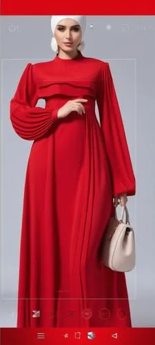 3d fashion drawing of women red  long maxi red abaya fashion Muslim hijab with the pelisee and a lot of pleats on   sleeves pleated sleeves and elastic on the hand of the sleeves abaya with elastic sl