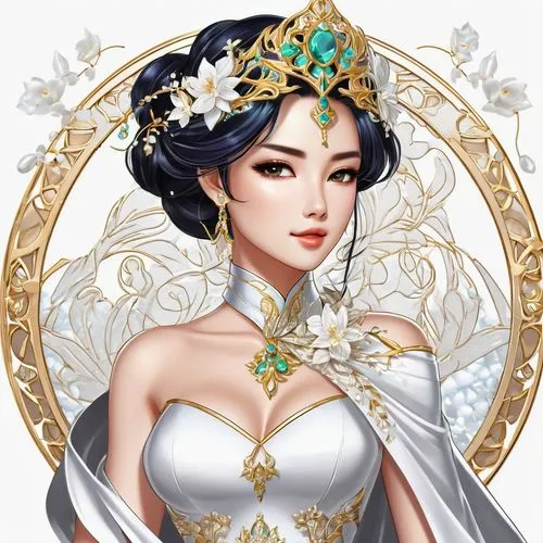 jasmine blossom,oriental princess,jasmine flower,jasmine,white rose snow queen,bridal,bridal accessory,bride,rose flower illustration,zodiac sign libra,bridal dress,princess crown,sun bride,jasmine flowers,fairy tale character,ao dai,white blossom,diadem,golden wreath,bridal clothing,Unique,Design,Logo Design