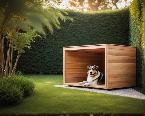 Architectural dog house, modern minimalist, cube-shaped, wooden material, sloping roof, large windows, sliding glass door, cozy interior, soft cushion, abstract art on wall, greenery surroundings, gar