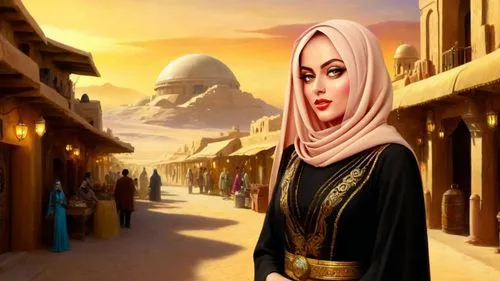 Romantic masterpiece oil painting, beautiful girl portrait, abaya dress, nostalgic 1950's style kitsch, breathtaking beautiful epic vast landscape, Star Wars Tatooine, Mos Eisley Spaceport, Mos Eisley