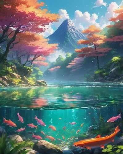 fantasy landscape,underwater landscape,koi pond,underwater background,lagoon,landscape background,underwater oasis,world digital painting,mountain lake,aquarium,volcanic lake,acid lake,colorful water,sea landscape,japan landscape,lake tanuki,mountainlake,waterscape,river landscape,ocean background,Illustration,Japanese style,Japanese Style 03