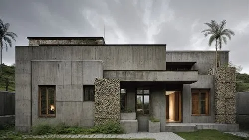 a concrete house with stone walls, grass and bushes,modern house,exposed concrete,dunes house,breuer,concrete construction,modern architecture,Conceptual Art,Fantasy,Fantasy 10