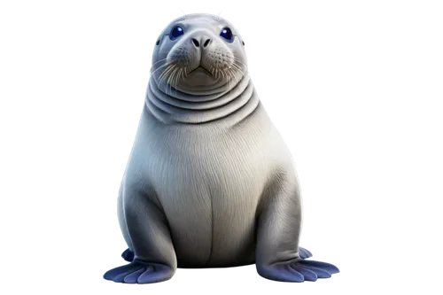 Cartoon elephant seal, cute expression, big round eyes, blue irises, eyelashes, smiling face, trunk nose, flippers hands, white belly, grey back, spots on body, shiny fur, playful pose, sitting on flo