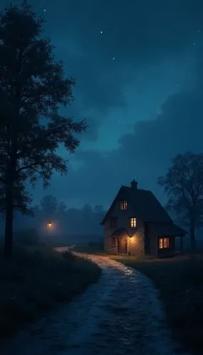 lonely house,house silhouette,night scene,little house,nacht,witch's house,Photography,General,Realistic