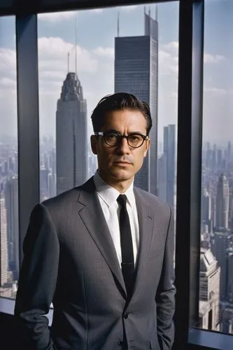 Middle-aged, male architect, confident posture, black-framed glasses, short brown hair, stubble, white shirt, black tie, dark grey suit, hands behind back, standing, modern skyscraper, cityscape, glas