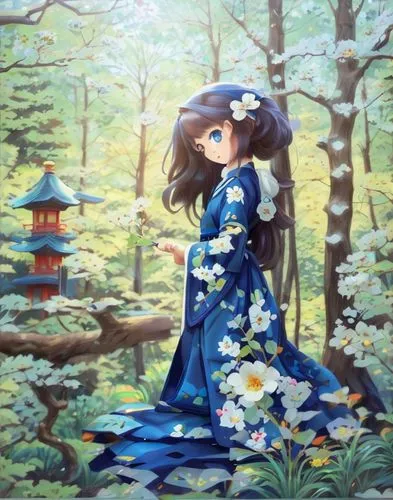 japanes girl in the forest , with dark blue dress,girl in flowers,japanese art,japanese woman,girl picking flowers,girl in the garden,blue birds and blossom,floral japanese,girl with tree,oil painting