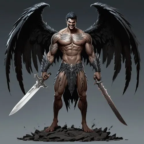 A male monster angel, crafted from the darkest of magic, stands tall with a wicked smile with three qiues of  fangs. He holds a knife in his hand, non-human, slim muscular, without nose, pelos parado,