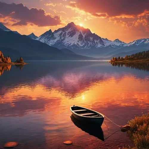 boat landscape,beautiful lake,incredible sunset over the lake,mountain lake,old wooden boat at sunrise,beautiful landscape,evening lake,landscape background,high mountain lake,calm water,tranquility,calm waters,mountainlake,heaven lake,canoeing,full hd wallpaper,nature wallpaper,canoe,nature background,alpine lake,Photography,General,Realistic