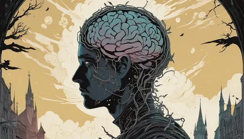 sci fiction illustration,brainy,brainstorm,human head,neural,synapse,humanoid,brain,cybernetics,neural pathways,brain icon,mind,mind-body,dr. manhattan,cyborg,cerebrum,body-mind,biomechanical,primitive man,cognitive psychology,Illustration,American Style,American Style 11