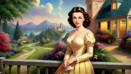 Romantic masterpiece oil painting, cute girl portrait, nostalgic 1950's style kitsch, rural suburban town landscape, beautiful lush scenery, by Thomas Kinkade, by Bob Ross,queen anne,duchesse,belle,gw