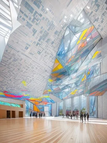 The interior of the memorial space is a cinematic and dramatic scene, rendered in Octane with highly detailed textures. The space is filled with vibrant colors and features large glass windows that fl