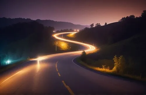 Curvy country road at night, illuminated by two car headlights, nice colorgrading,light trail,light trails,winding road,highway lights,night highway,winding roads,long road,long exposure light,roads,r