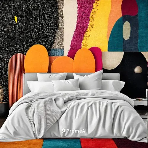 a bed with white sheets and two pillows in a room decorated with abstract art,headboards,headboard,bedspread,contemporary decor,modern decor,bedspreads