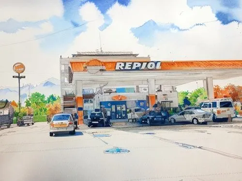 with some colors fron watercolor and using a bit of 
orange for de roof and dark blue for the letters. The sky is white without clouds.


,gas-station,gas station,color pencil,petrol pump,electric gas