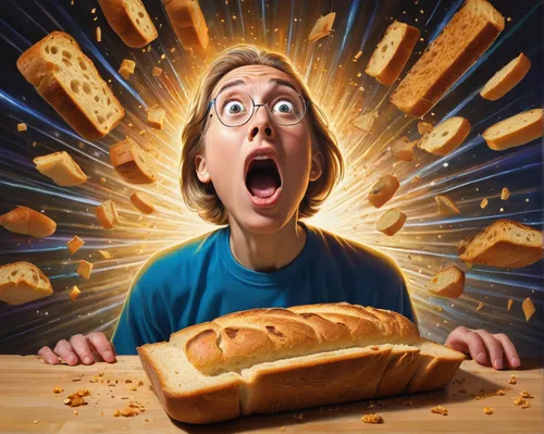 teleporting bread, meme, cartoon style, surprised expression, wide eyes, open mouth, comical pose, loaf of bread, mid-teleportation effect, glowing edges, particles, kitchen background, toaster, scatt