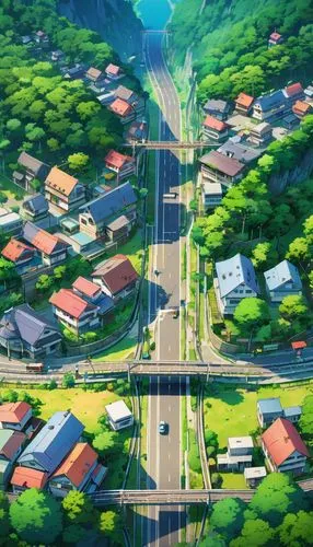 A rural town isolated from the big cities, connected by a dual highway and with a forest on the other side.,ichigaya,city highway,roads,tsumugi kotobuki k-on,kotoko,yamanoi,karuma,wakanohana,uwano,mid