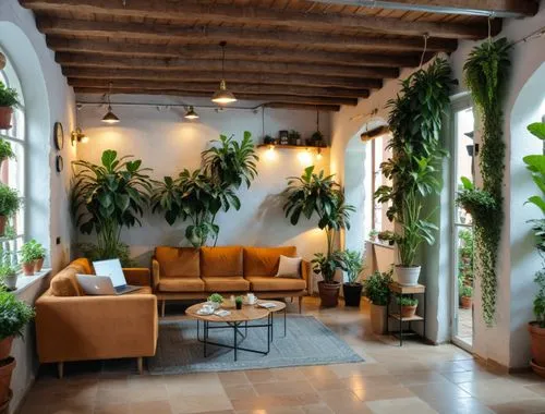 a large living room filled with lots of green plants,hanging plants,house plants,interior decor,casa fuster hotel,houseplants,patios,Photography,General,Realistic