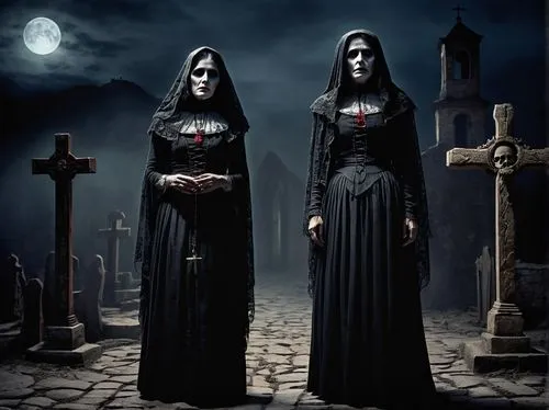 La Llorona (ghostly woman), Dracula (vampire lord), standing, facing each other, intense stare, dark misty night, abandoned Mexican town, crumbling church, candlelit, eerie atmosphere, worn stone pave