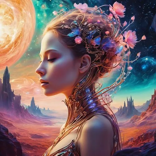 mystical portrait of a girl,fantasy portrait,fantasy art,fantasy picture,faerie,faery,fae,sky rose,world digital painting,blue moon rose,zodiac sign libra,passion bloom,cosmic flower,way of the roses,the enchantress,celestial,fantasy woman,sci fiction illustration,andromeda,radiance,Illustration,Realistic Fantasy,Realistic Fantasy 37