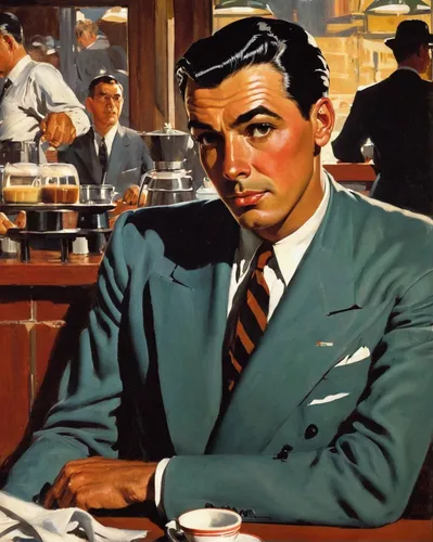 man in caffe，by Andrew Loomis,caffè americano,white-collar worker,cary grant,black businessman,woman drinking coffee,ford motor company,coffee background,businessman,espresso,man with a computer,the c