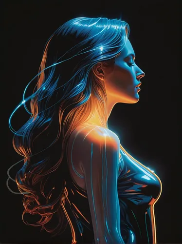 a candle about to burn outminimalist hologram, long hair glowing, line glowing surrounds the body on a simple background,minimalist hologram,neon body painting,light drawing,drawing with light,bodypai