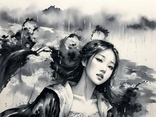 young beauty female in the rain,jianying,zuoying,wenzhao,yanzhao,wenhao,xiaofei,jianfeng,ugetsu,diaochan,geisha girl,xuebing,yuexiu,ink painting,xueying,wuxia,jianyin,rongfeng,guanyin,geisha,sizhao,Il