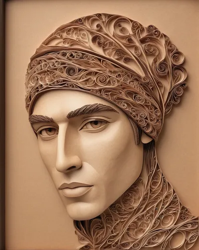 turban,wood carving,indian headdress,headdress,headpiece,artist's mannequin,gold foil men's hat,feather headdress,the roman centurion,sculptor,leonardo da vinci,men's hat,knit cap,sculpt,thracian,persian poet,carved wood,bronze sculpture,skullcap,beautiful bonnet,Unique,Paper Cuts,Paper Cuts 09