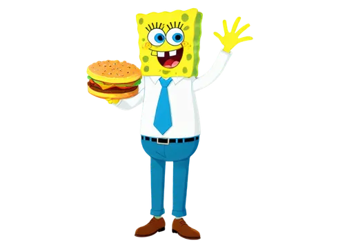 SpongeBob SquarePants, cartoon character, yellow skin, porous body, bright blue eyes, enthusiastic facial expression, iconic square pants, white shirt, optimistic posture, standing, holding a Krabby P