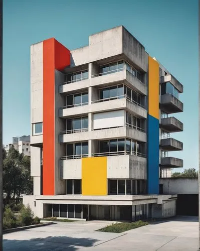 bauhaus,seidler,colorful facade,escala,appartment building,multistorey,condominia,edificio,plattenbau,modern building,apartment building,modernism,modern architecture,apartments,facade painting,corbu,mondrian,apartment block,corbusier,hypermodern,Art,Artistic Painting,Artistic Painting 43