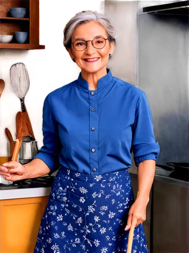 Grandma, relaxed posture, smiling face, wrinkles, grey hair, bun hairstyle, glasses, floral pattern blouse, long skirt, apron, holding wooden spoon, kitchen background, warm lighting, soft focus, shal