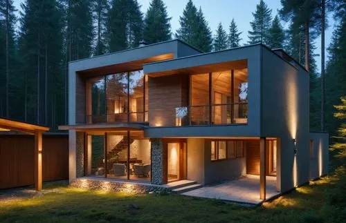 modernist architecture house in the forest, trees on background, wooden facade,a house surrounded by a wooded area at night,timber house,forest house,cubic house,house in the forest,modern house,prefa