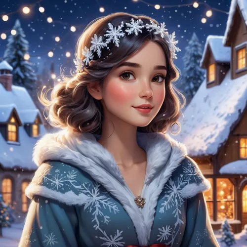 A female character surrounded by a snowy landscape and enchanting winter elements. Add twinkling fairy lights or snowflakes in the background to enhance the Christmas vibe.,the snow queen,christmas sn