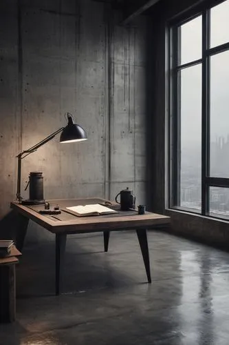 Modern minimalist architecture, designer's diary, wooden desk, leather-bound book, fountain pen, scattered blueprints, empty coffee cup, sleek lamp, urban cityscape background, floor-to-ceiling window