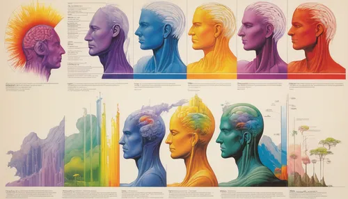 multicolor faces,color chart,color table,meridians,heads,human evolution,chakras,colorful tree of life,heads of royal palms,olfaction,cognitive psychology,colour pencils,traffic light phases,five elements,color book,human body anatomy,zodiacal signs,rainbow jazz silhouettes,psychedelic art,consciousness,Conceptual Art,Sci-Fi,Sci-Fi 21