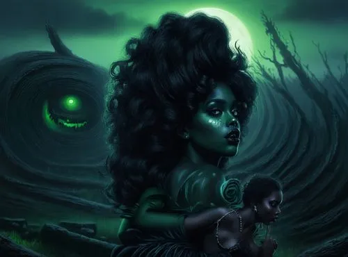 nude Beautiful nigerian girl, full dark curly hair, big green almond eyes, full black lips, misty sky,an alien woman sits in front of a creepy green glowing background,afrofuturism,dark art,leota,the 