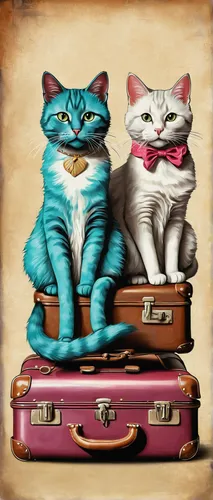 suitcases,vintage cats,suitcase,two cats,luggage set,luggage,baggage,travelers,whimsical animals,luggage and bags,felines,old suitcase,hand luggage,cat cartoon,game illustration,oktoberfest cats,cat lovers,anthropomorphized animals,cat family,cats,Unique,Paper Cuts,Paper Cuts 01