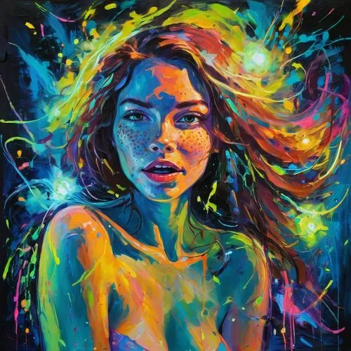 neon body painting,boho art,psychedelic art,digital art,mystical portrait of a girl,oil painting on canvas,aura,young woman,siren,colorful background,digital artwork,art painting,painting technique,digital painting,girl portrait,water nymph,art,digital,chalk drawing,nebula,Conceptual Art,Oil color,Oil Color 20