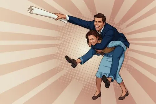 a woman is carrying a man on her back,a man in uniform is hugging a woman in a cartoon illustration,objection,kiryu,edgeworth,fitzsimmons,bluth,bartowski,Photography,General,Realistic