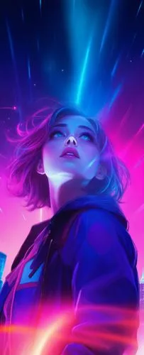 Create a vibrant digital illustration of a young woman looking up towards the sky. Her short, tousled hair is a striking mix of blue and purple shades, and the glow from the sky casts a radiant, neon-