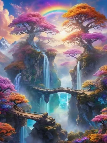 rainbow bridge,fantasy landscape,fantasy picture,fairy world,colorful tree of life,rainbow clouds,rainbow world map,3d fantasy,futuristic landscape,rainbow background,fantasy world,mushroom landscape,dragon bridge,landscape background,scenic bridge,fantasy art,fairy forest,fairy village,world digital painting,dream world,Illustration,Realistic Fantasy,Realistic Fantasy 20