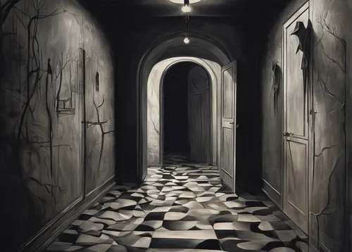 Describe the eerie sound of approaching footsteps echoing in a dark and empty hallway.,creepy doorway,hallway,abandoned room,threshold,passage,penumbra,corridor,hall of the fallen,the threshold of the