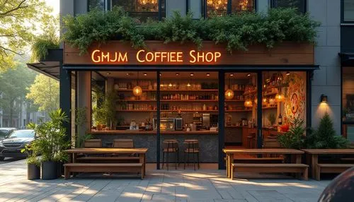 Vibrant coffee shop facade, modern minimalist architecture, large glass windows, wooden accents, industrial metal frames, urban cityscape, busy street scene, morning sunlight, soft warm lighting, shal