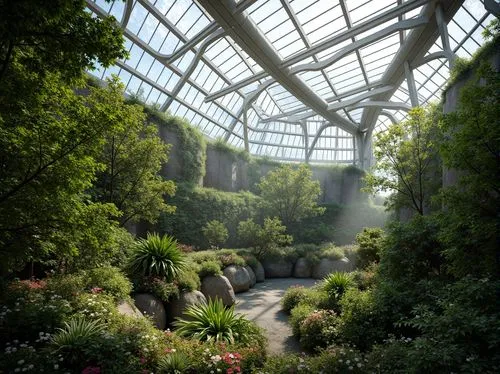 Lush botanical gardens, transparent glass roofs, steel frames, curved lines, natural ventilation systems, misting irrigation, automated climate control, thermal mass walls, living green walls, organic