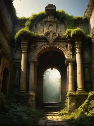 theed,ancient city,archways,archway,ruins,labyrinthian,hall of the fallen,gateway,mausoleum ruins,doorways,ruin,ancient ruins,stone gate,the ruins of the,blackgate,entranceways,threshhold,threshold,calydonian,morrowind,Conceptual Art,Fantasy,Fantasy 18